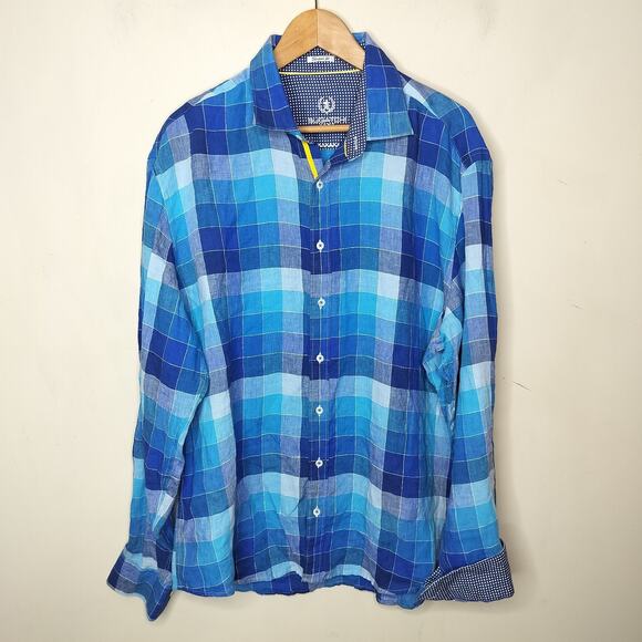 Bugatchi Uomo Plaid 100% Linen Shirt Flip Cuff Shaped Fit - Picture 1 of 9
